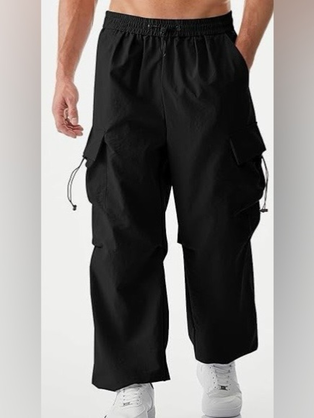 Men's Black Cargo Pants with Elastic Waist and Utility Pockets - Picture 3 of 9